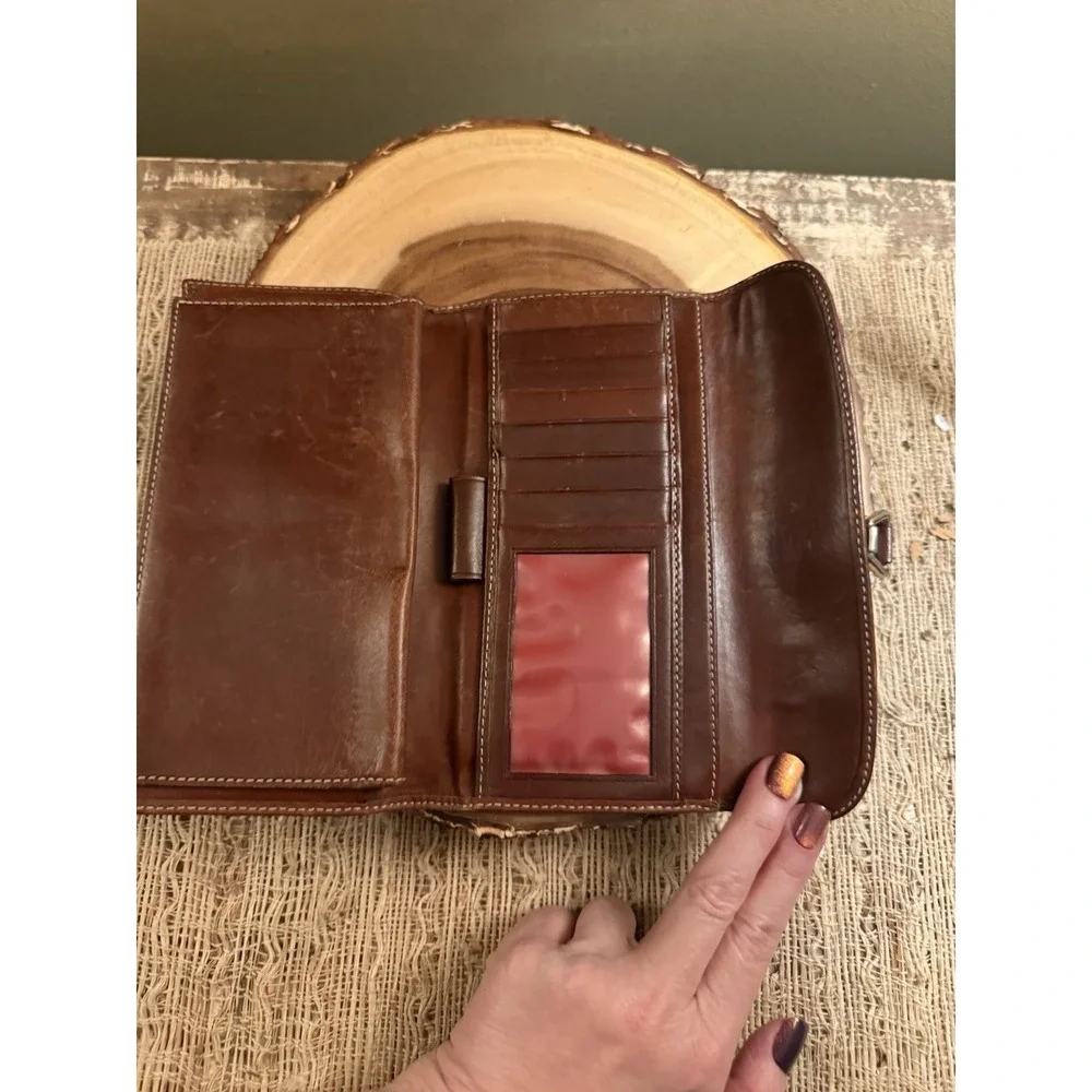 Vintage Dooney & Bourke Brown Leather Canvas Logo Trifold Checkbook Wallet